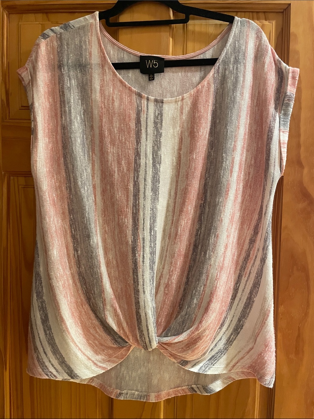 W5 Striped Twist-Front Tunic in Pink, Gray & Cream